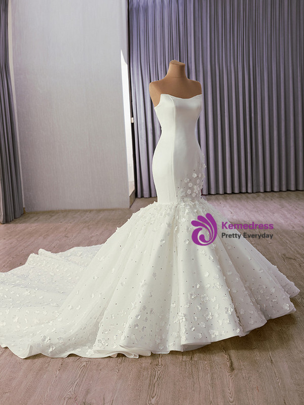White Mermaid Satin Tulle Strapless Flower Wedding Dress
