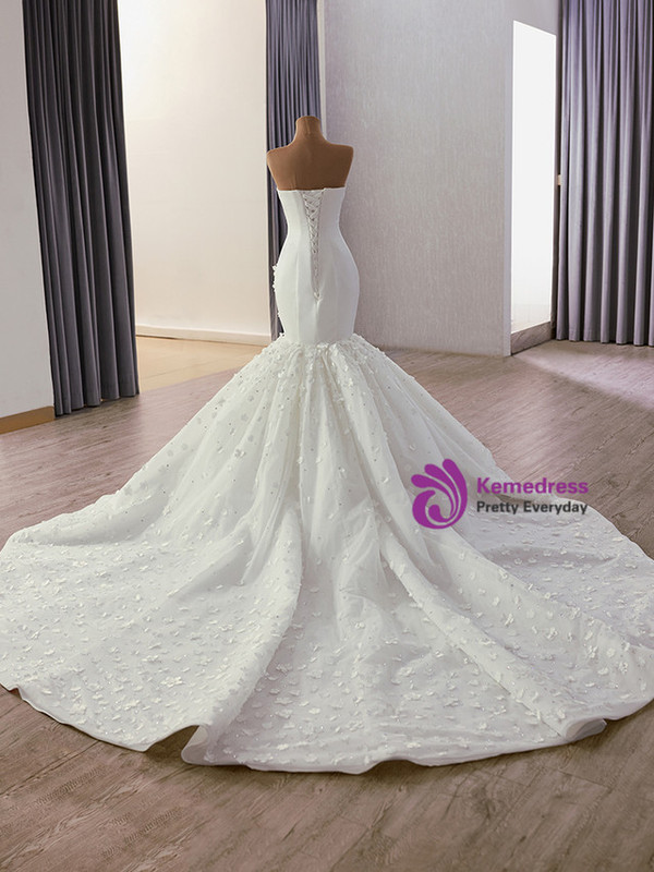 White Mermaid Satin Tulle Strapless Flower Wedding Dress