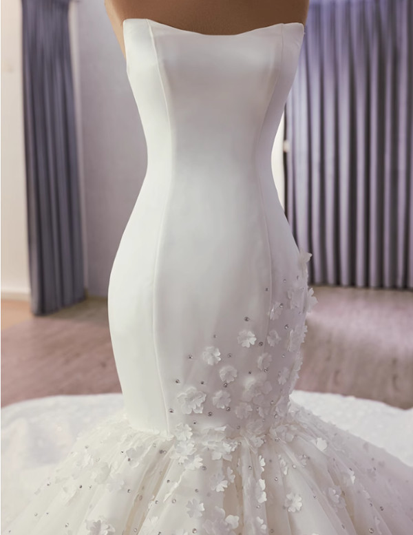 White Mermaid Satin Tulle Strapless Flower Wedding Dress
