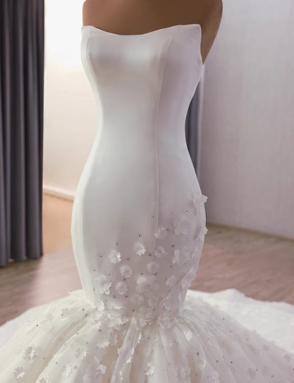 White Mermaid Satin Tulle Strapless Flower Wedding Dress