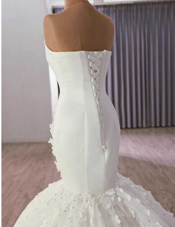 White Mermaid Satin Tulle Strapless Flower Wedding Dress
