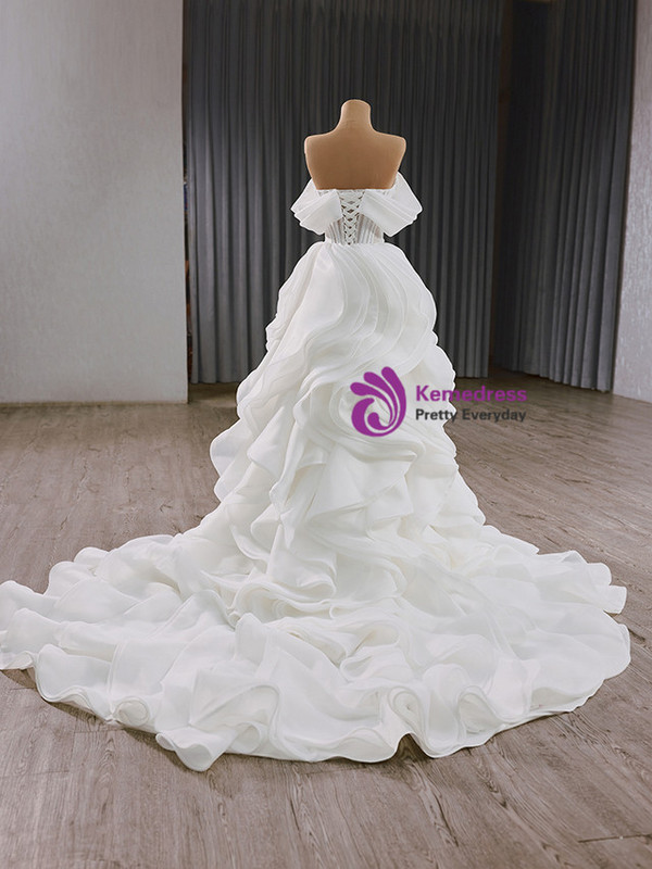 White Tulle Off the Shoulder Pleats Wedding Dress