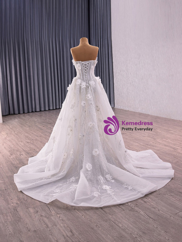 White Strapless Tulle Sequins 3D Appliques Wedding Dress