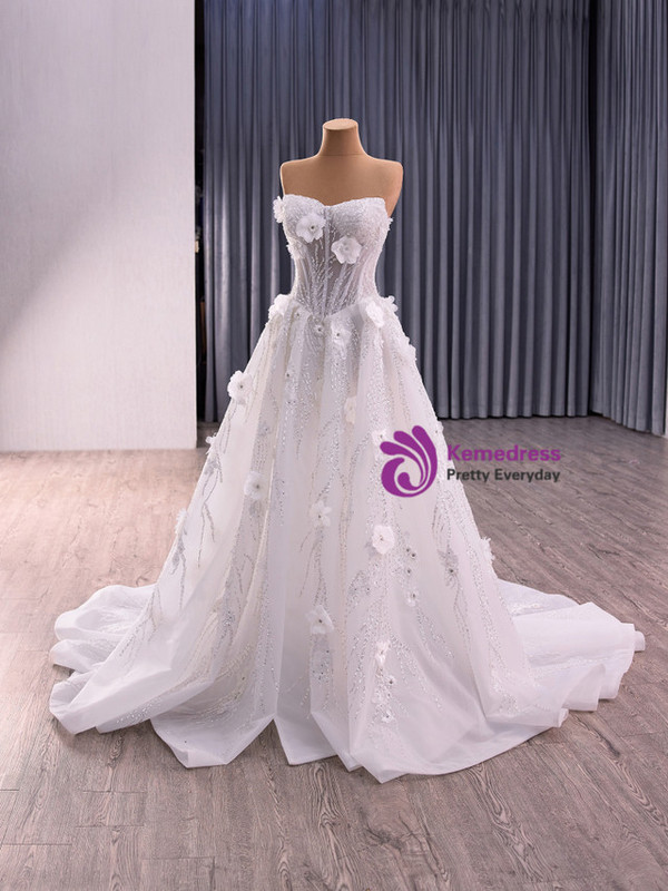 White Strapless Tulle Sequins 3D Appliques Wedding Dress