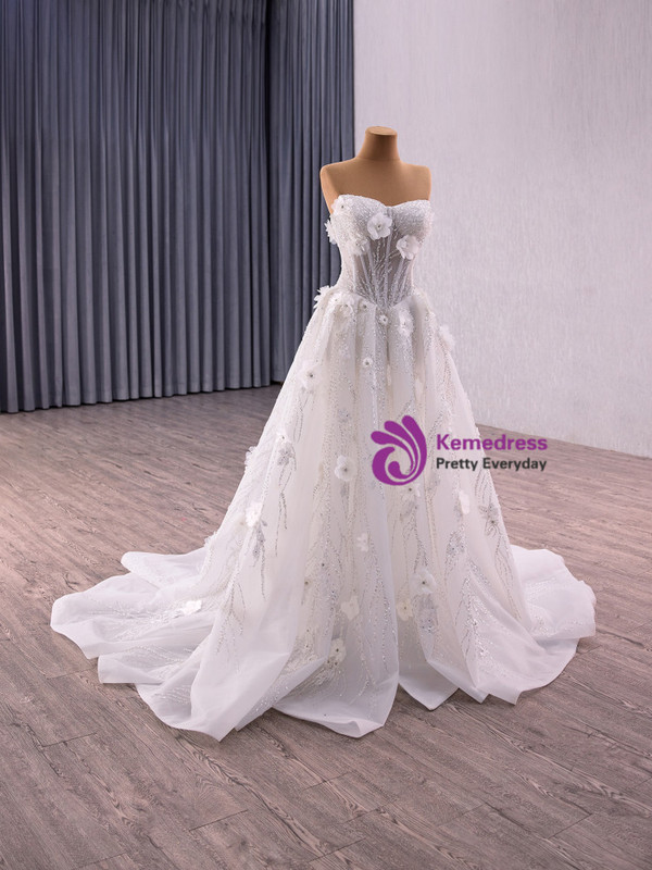 White Strapless Tulle Sequins 3D Appliques Wedding Dress