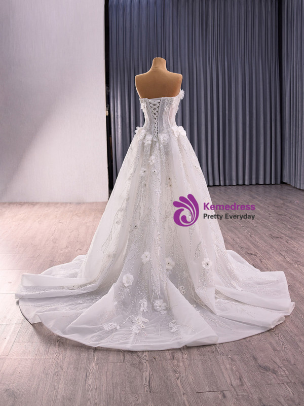 White Strapless Tulle Sequins 3D Appliques Wedding Dress