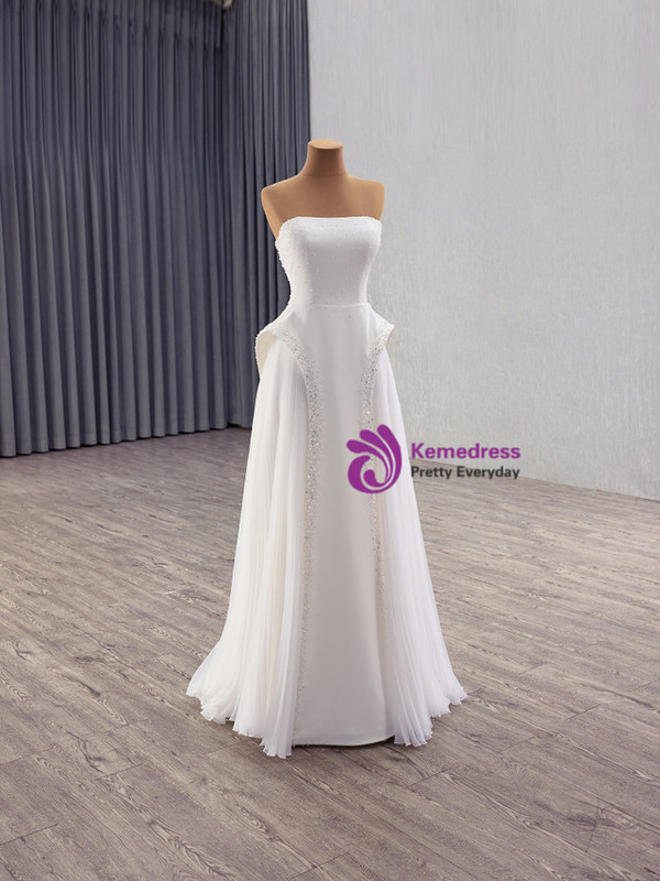 White Strapless Tulle Sequins Pearls Wedding Dress