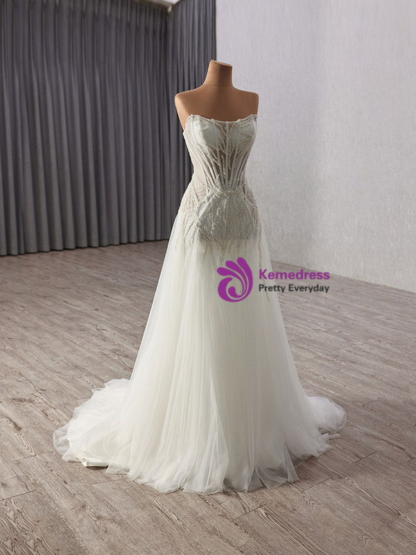 White Tulle Strapless Sequins Wedding Wedding Dress