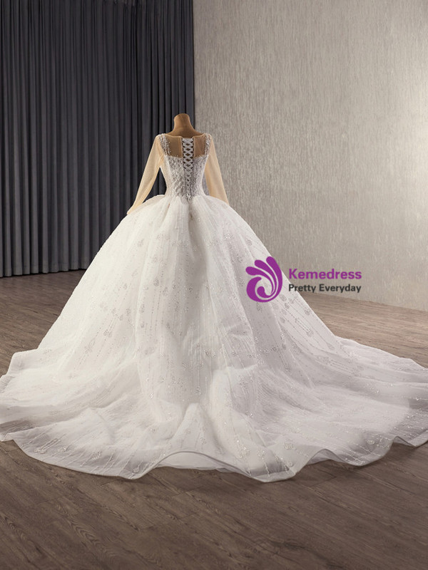 White Long Sleeve Tulle Sequins Beading Weddding Dress