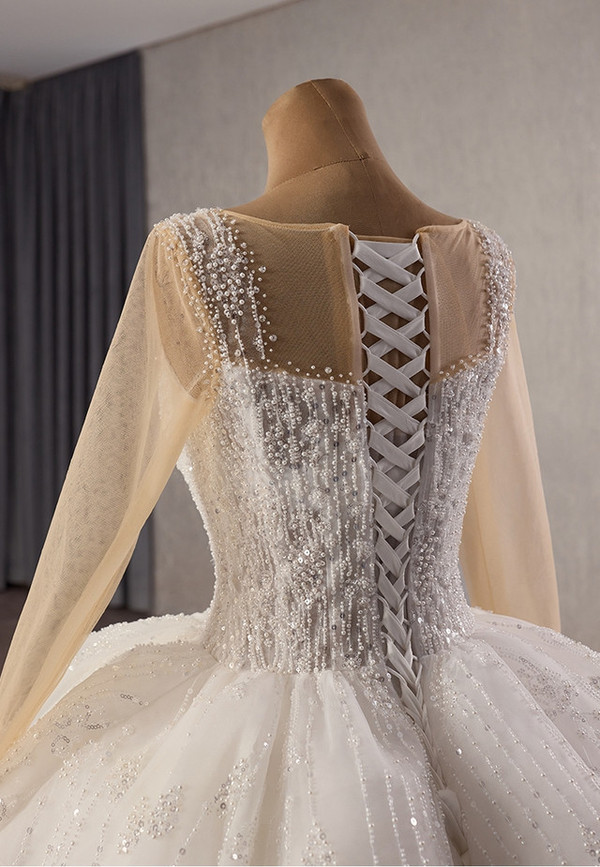 White Long Sleeve Tulle Sequins Beading Weddding Dress