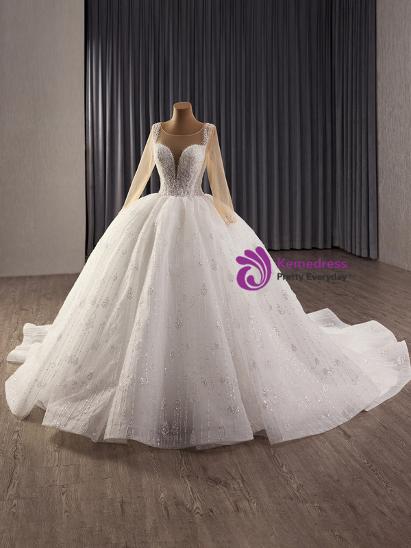 White Long Sleeve Tulle Sequins Beading Weddding Dress