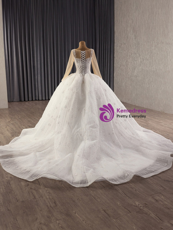 White Long Sleeve Tulle Sequins Beading Weddding Dress