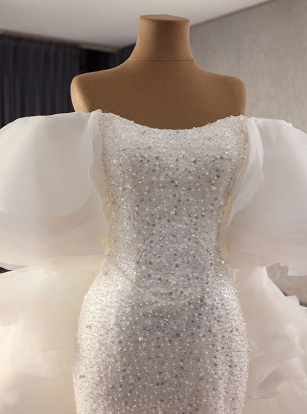 White Mermaid Sequins Off the Shoulder Wedding Dress