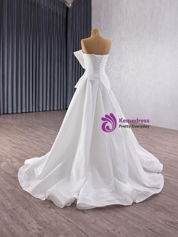 White Satin Strapless Beading Bow Pleats Wedding Dress