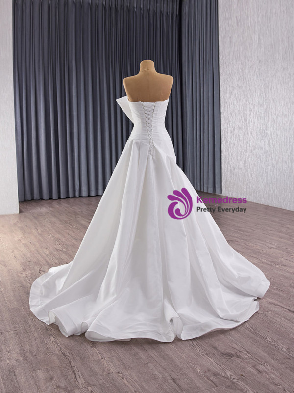 White Satin Strapless Beading Bow Pleats Wedding Dress