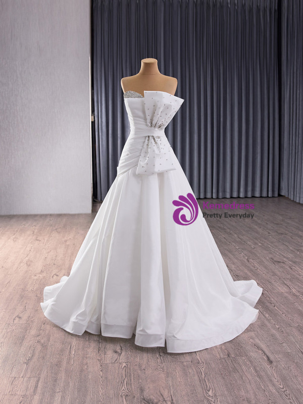 White Satin Strapless Beading Bow Pleats Wedding Dress