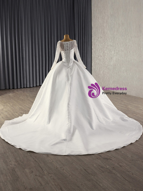 White Satin Long Sleeve Sequins Pleats Wedding Dress