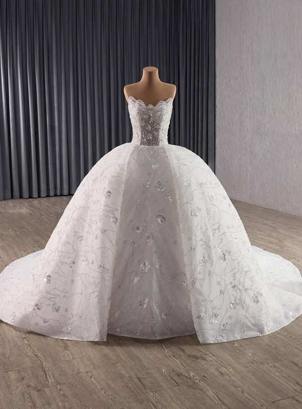 White Ball Gown Tulle Sequins Strapless Wedding Dress