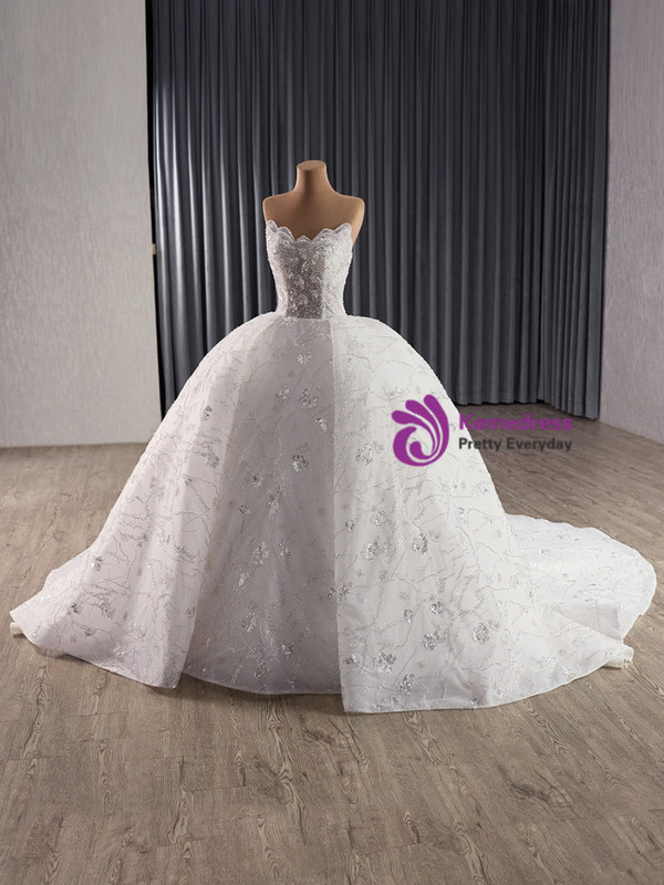 White Ball Gown Tulle Sequins Strapless Wedding Dress