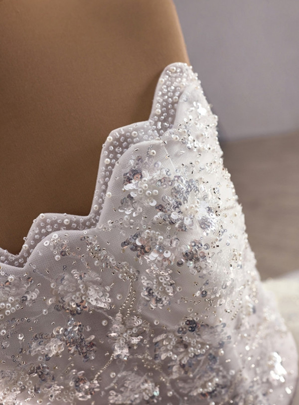 White Ball Gown Tulle Sequins Strapless Wedding Dress