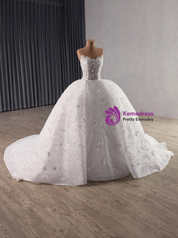 White Ball Gown Tulle Sequins Strapless Wedding Dress