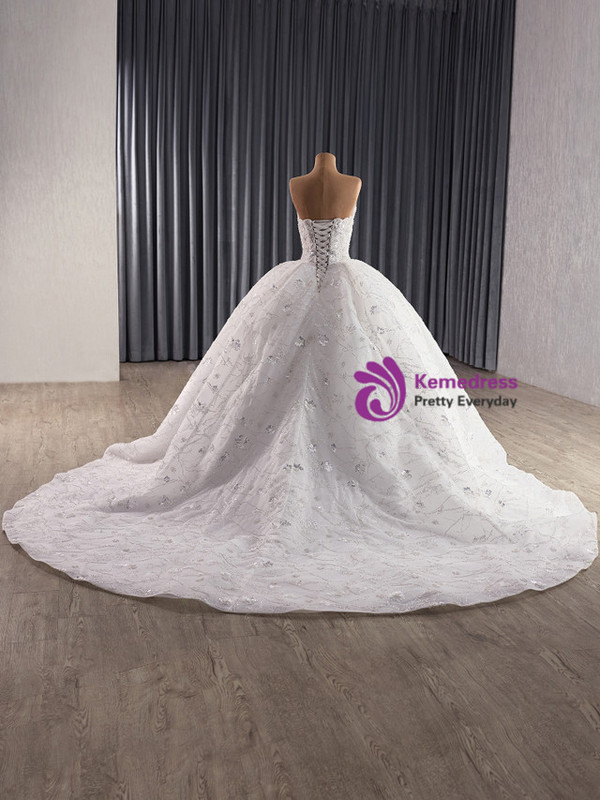 White Ball Gown Tulle Sequins Strapless Wedding Dress