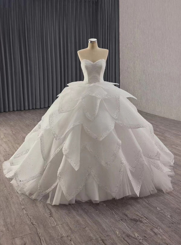 White Tulle Strapless Pleats Beading Tiers Wedding Dress