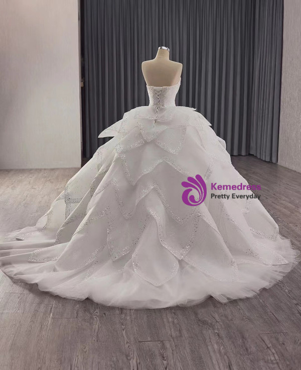 White Tulle Strapless Pleats Beading Tiers Wedding Dress