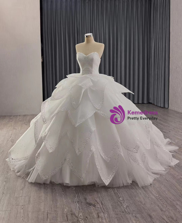 White Tulle Strapless Pleats Beading Tiers Wedding Dress