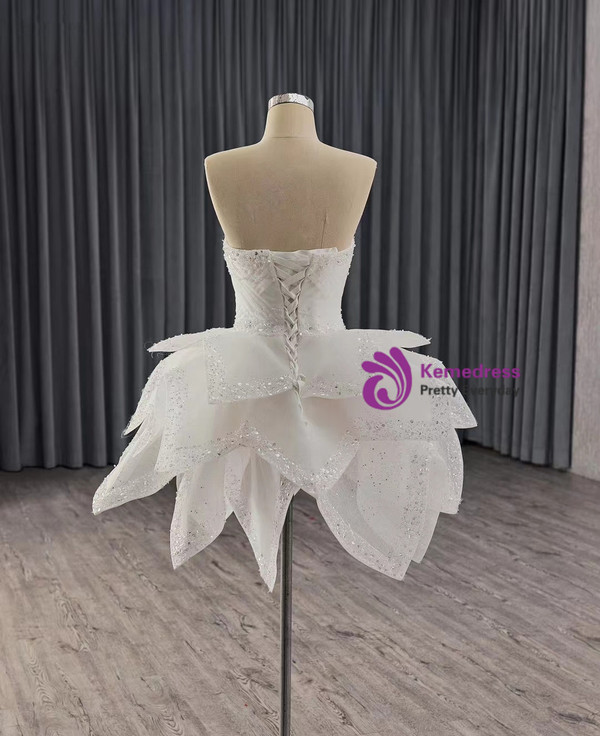 White Tulle Strapless Pleats Beading Tiers Wedding Dress