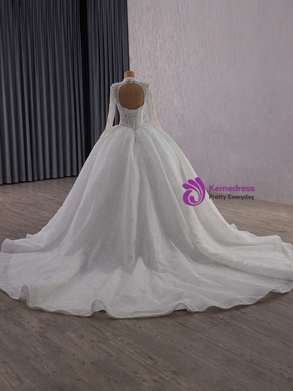 White Lace Backless Long Sleeve Wedding Dress