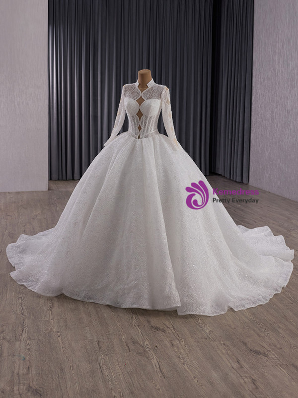 White Lace Backless Long Sleeve Wedding Dress
