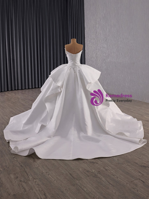 White Satin Pleats Beading Pearls Wedding Dress