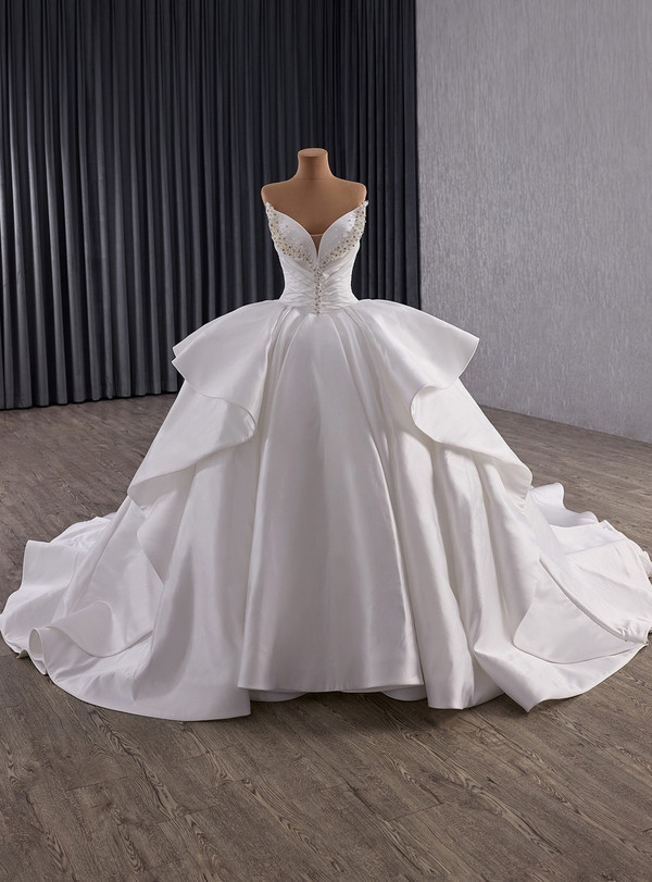 White Satin Pleats Beading Pearls Wedding Dress