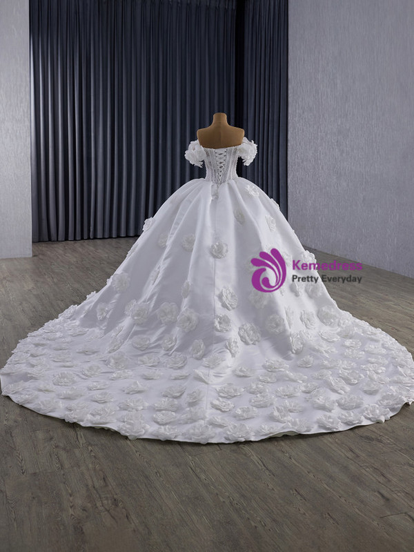 White Satin Off the Shoulder 3D Flower Wedding Dress