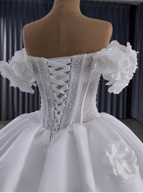 White Satin Off the Shoulder 3D Flower Wedding Dress