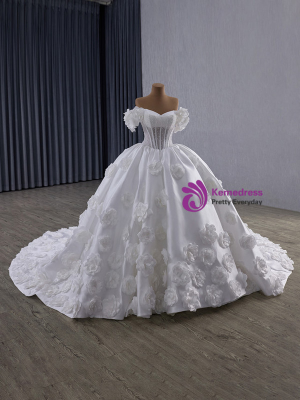 White Satin Off the Shoulder 3D Flower Wedding Dress