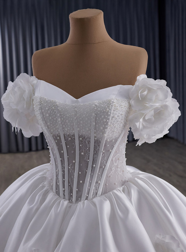 White Satin Off the Shoulder 3D Flower Wedding Dress