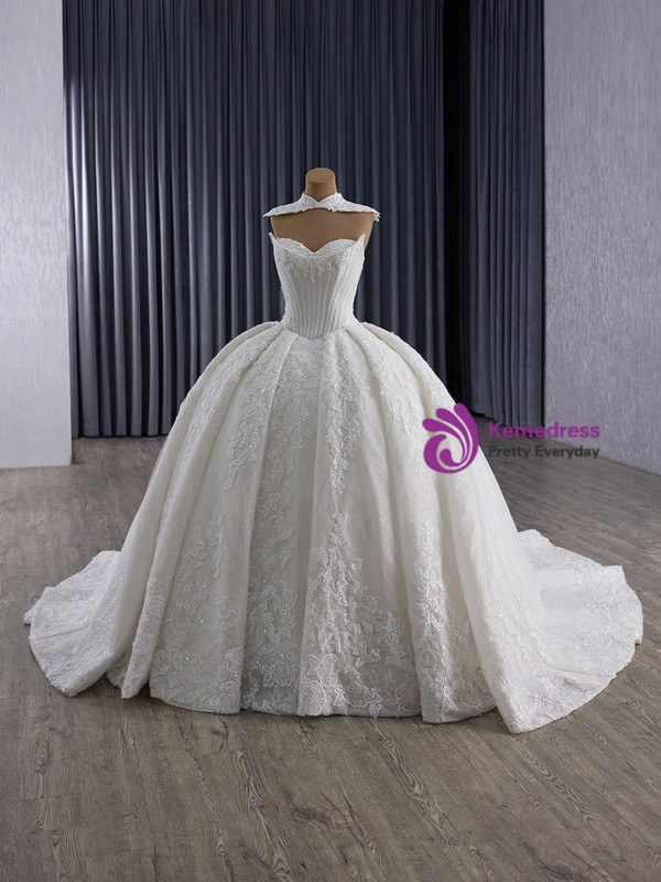 White Tulle Strapless Lace Appliques Beading Wedding Dress