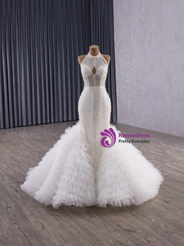 White Mermaid Halter Sequins Pearls Wedding Dress