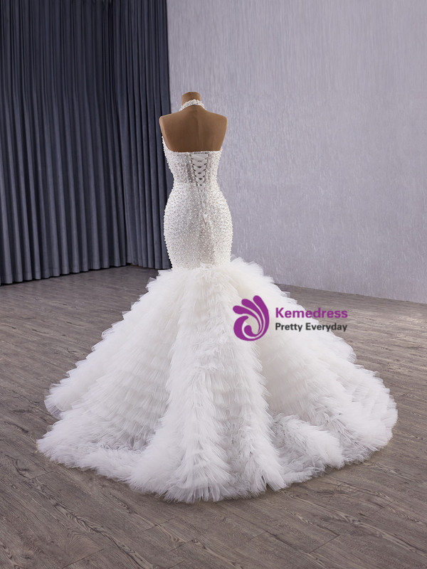 White Mermaid Halter Sequins Pearls Wedding Dress