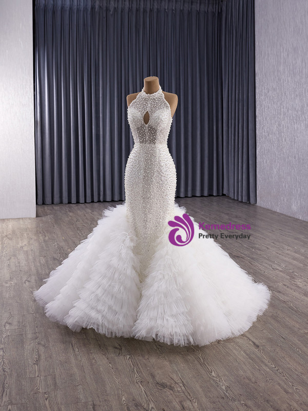 White Mermaid Halter Sequins Pearls Wedding Dress