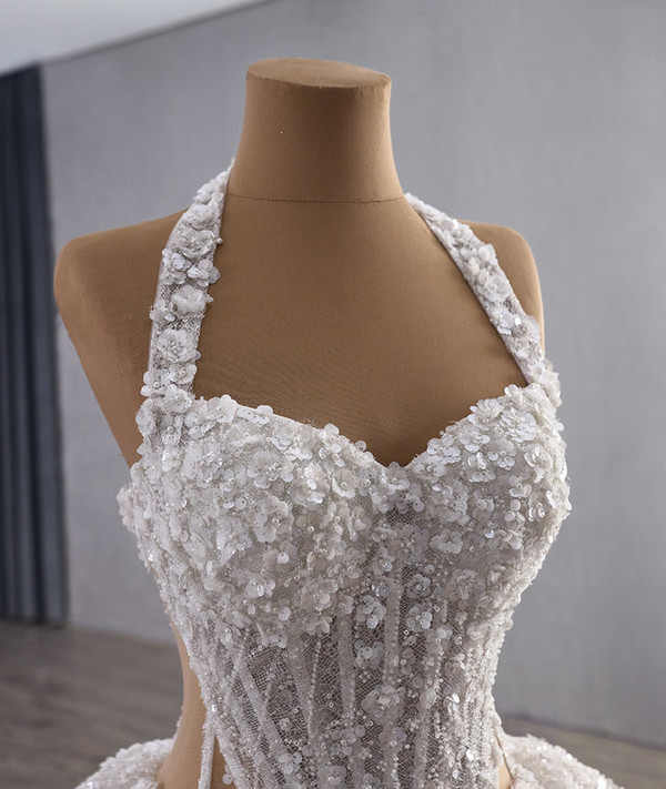 White Halter Tulle Sequins Beading Wedding Dress
