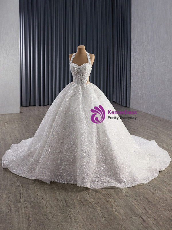 White Halter Tulle Sequins Beading Wedding Dress