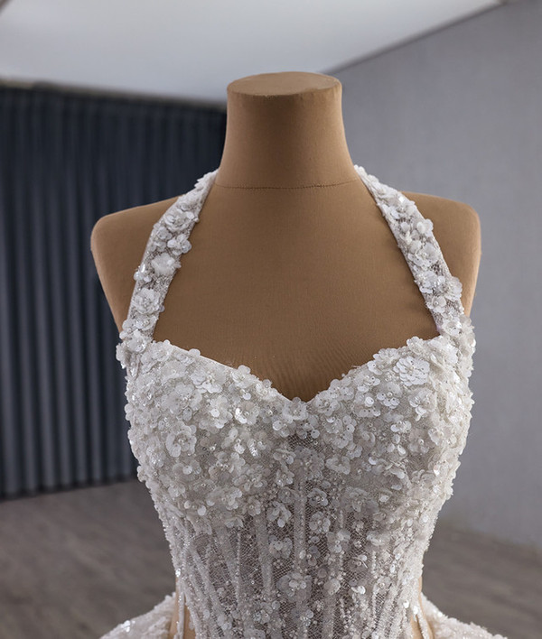 White Halter Tulle Sequins Beading Wedding Dress