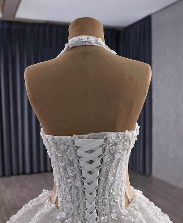 White Halter Tulle Sequins Beading Wedding Dress