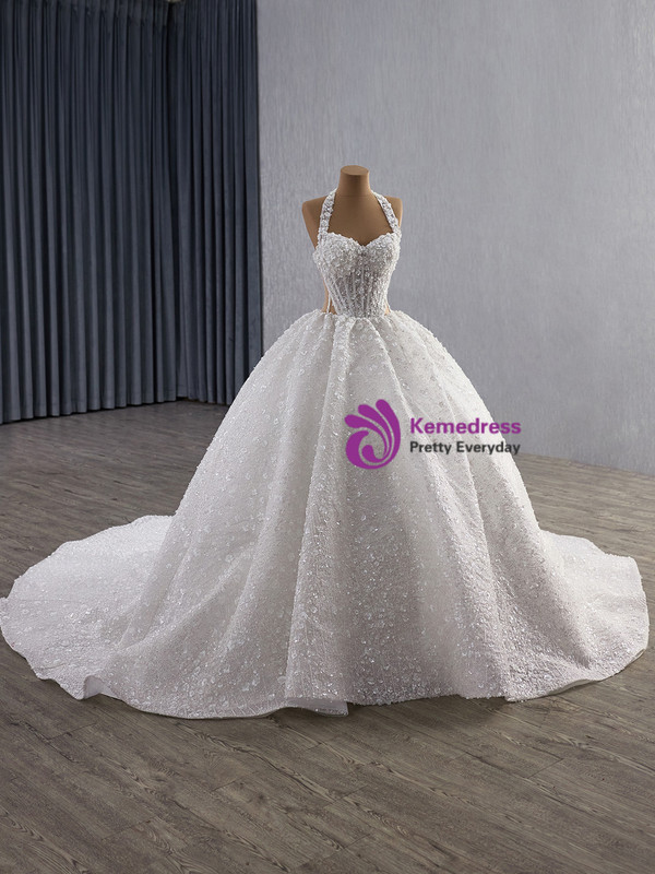 White Halter Tulle Sequins Beading Wedding Dress