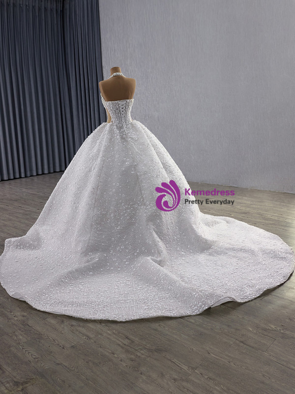 White Halter Tulle Sequins Beading Wedding Dress