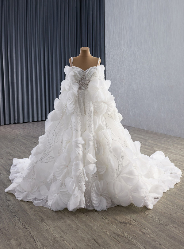 Vintage White Tulle Sequins Straps Flower Wedding Dress