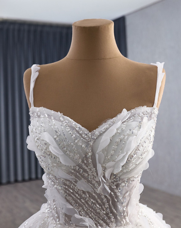 Vintage White Tulle Sequins Straps Flower Wedding Dress